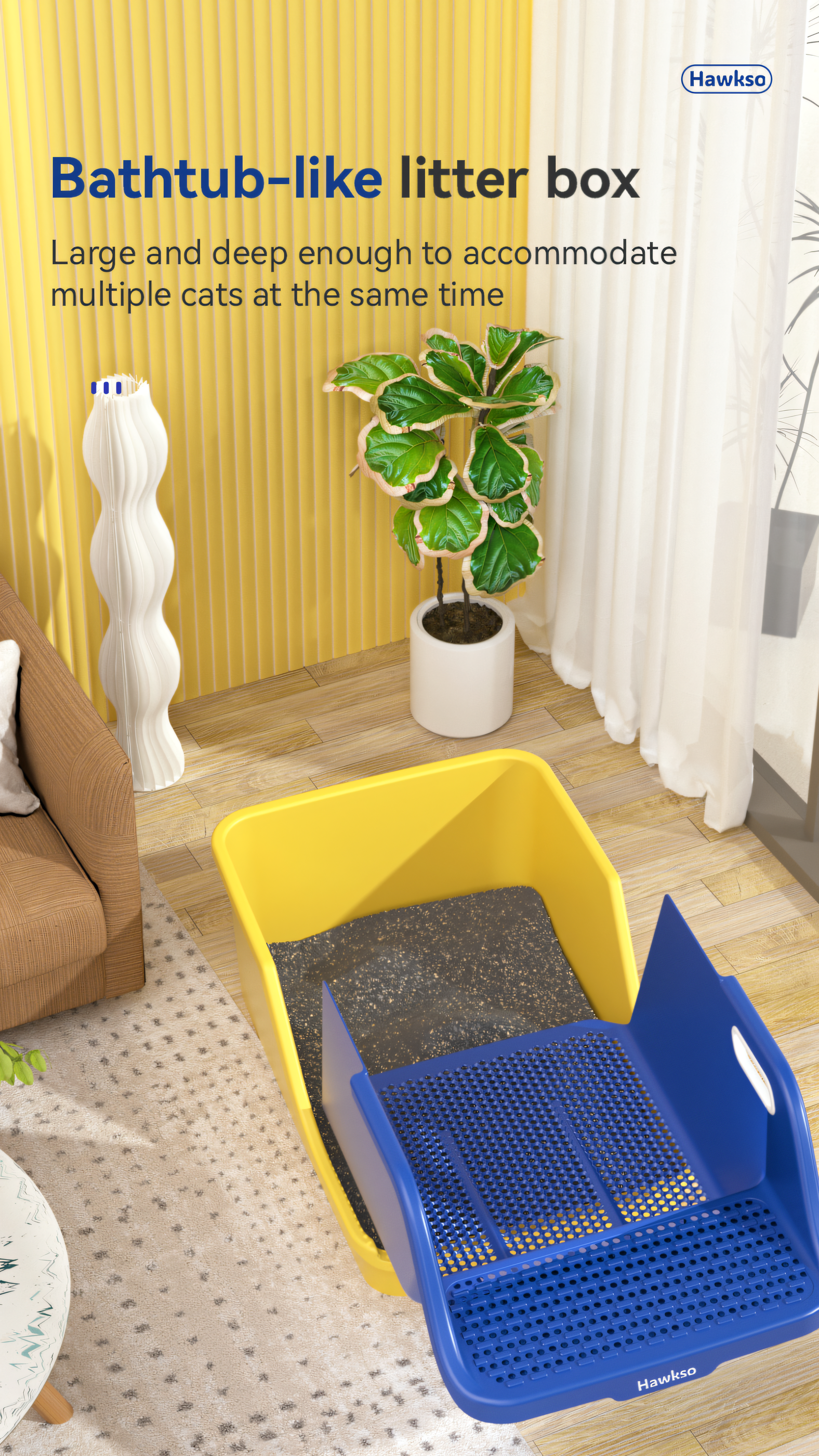 Hawkso bathtub-like cat litter box, large and deep enough to accommodate multiple cats at once. Spacious design with single-scoop cleaning system for easy maintenance.