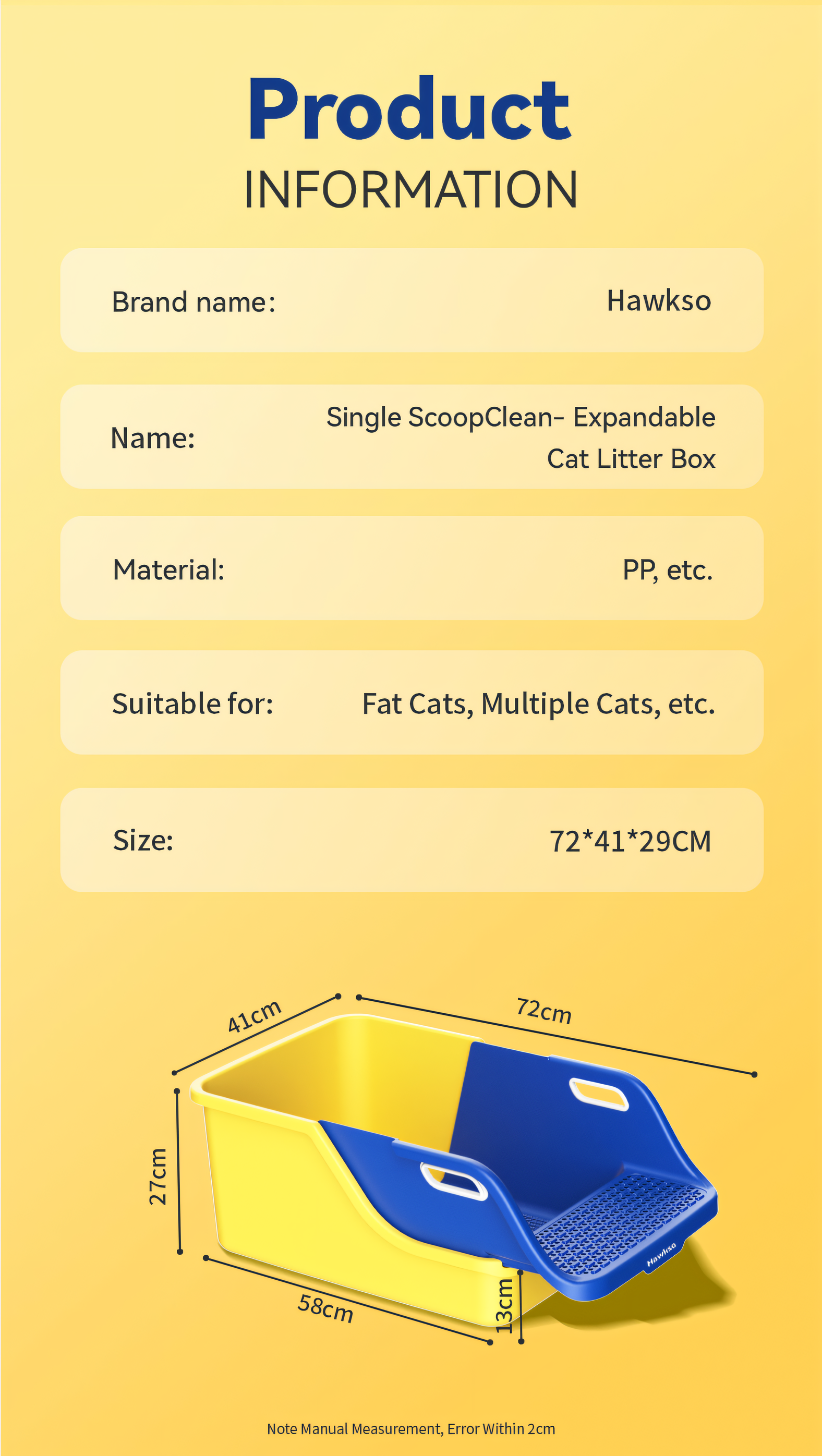 Product information for Hawkso Single ScoopClean expandable cat litter box, including brand, material (PP), suitability for fat cats and multiple cats, and dimensions (72x41x29 cm).
