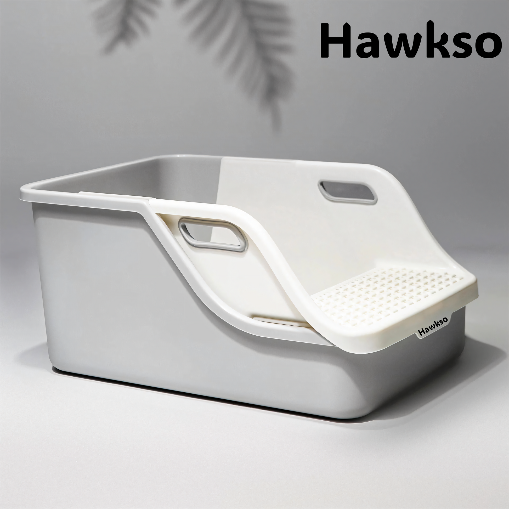 Grey and white Hawkso Single ScoopClean expandable cat litter box with a modern design, featuring ergonomic handles and a smooth scooping platform for easy cleaning.