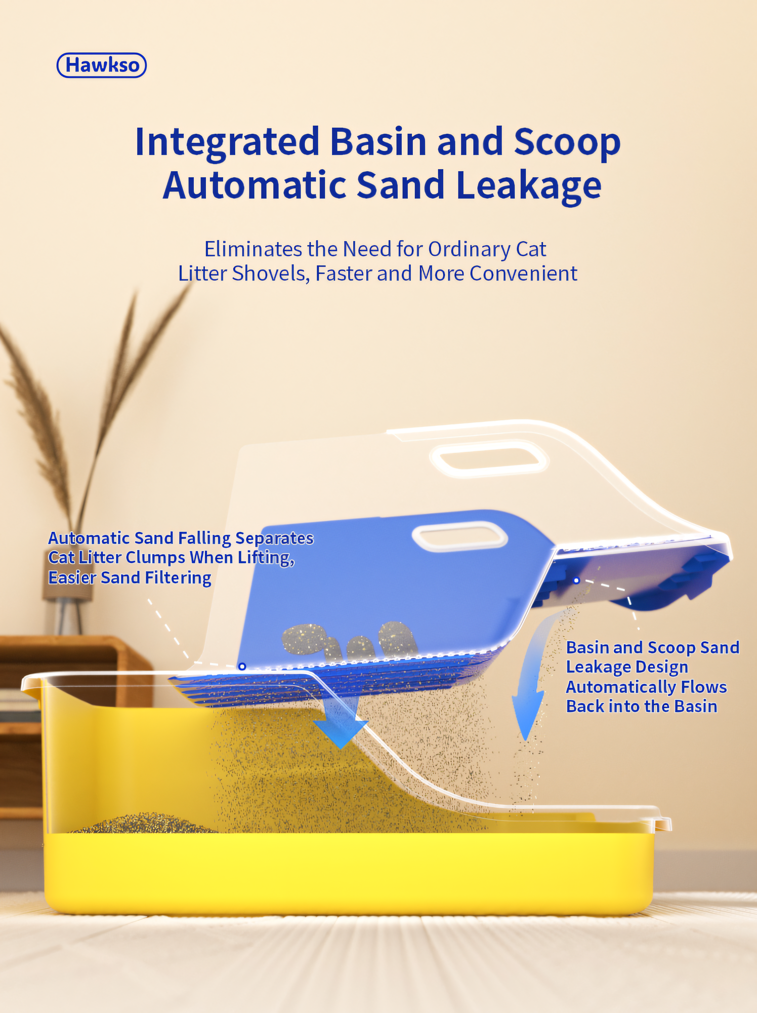 Hawkso cat litter box with integrated basin and scoop design featuring automatic sand leakage system for faster and more convenient cleaning. Sand filters through as litter clumps are lifted, eliminating the need for shovels.
