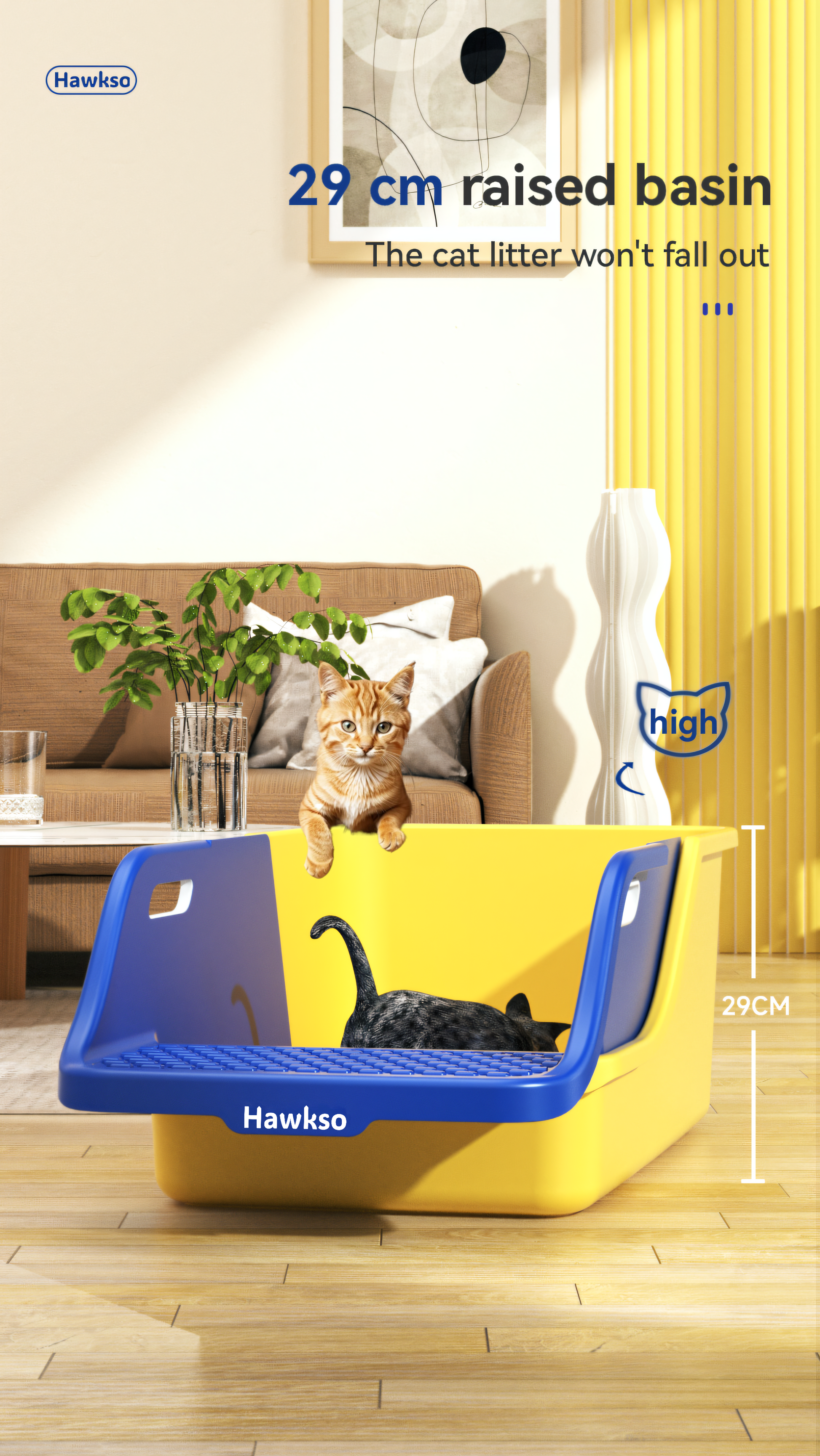 Hawkso cat litter box with 29 cm raised basin to prevent litter from spilling out. Features a spacious design for multiple cats, shown with a cat inside the litter box and another on the edge.