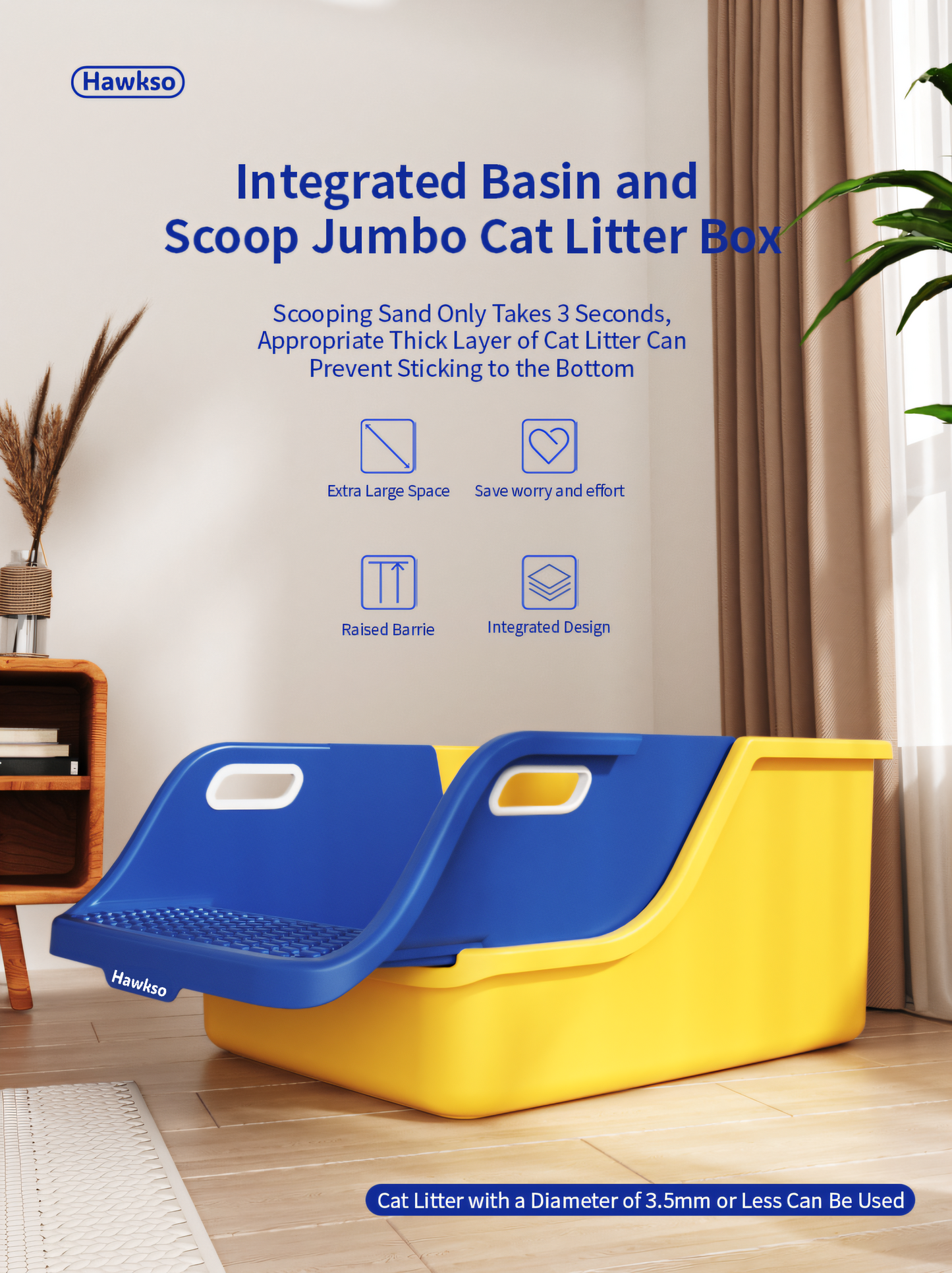 Hawkso integrated basin and scoop jumbo cat litter box with extra-large space and raised barrier for easier cleaning. Features include fast scooping, non-stick design, and suitability for cat litter with a diameter of 3.5mm or less.