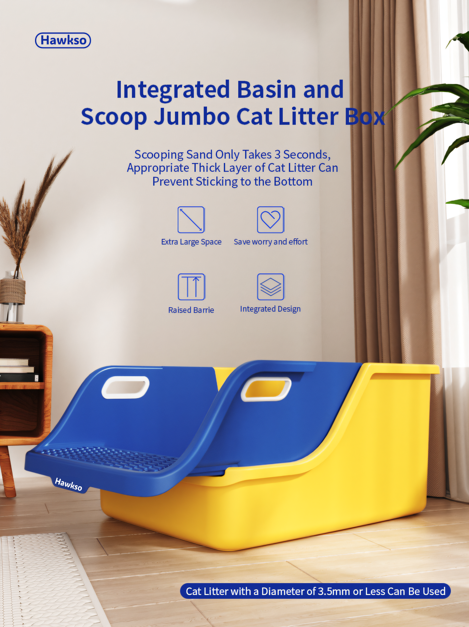 Hawkso integrated basin and scoop jumbo cat litter box with extra-large space and raised barrier for easier cleaning. Features include fast scooping, non-stick design, and suitability for cat litter with a diameter of 3.5mm or less.