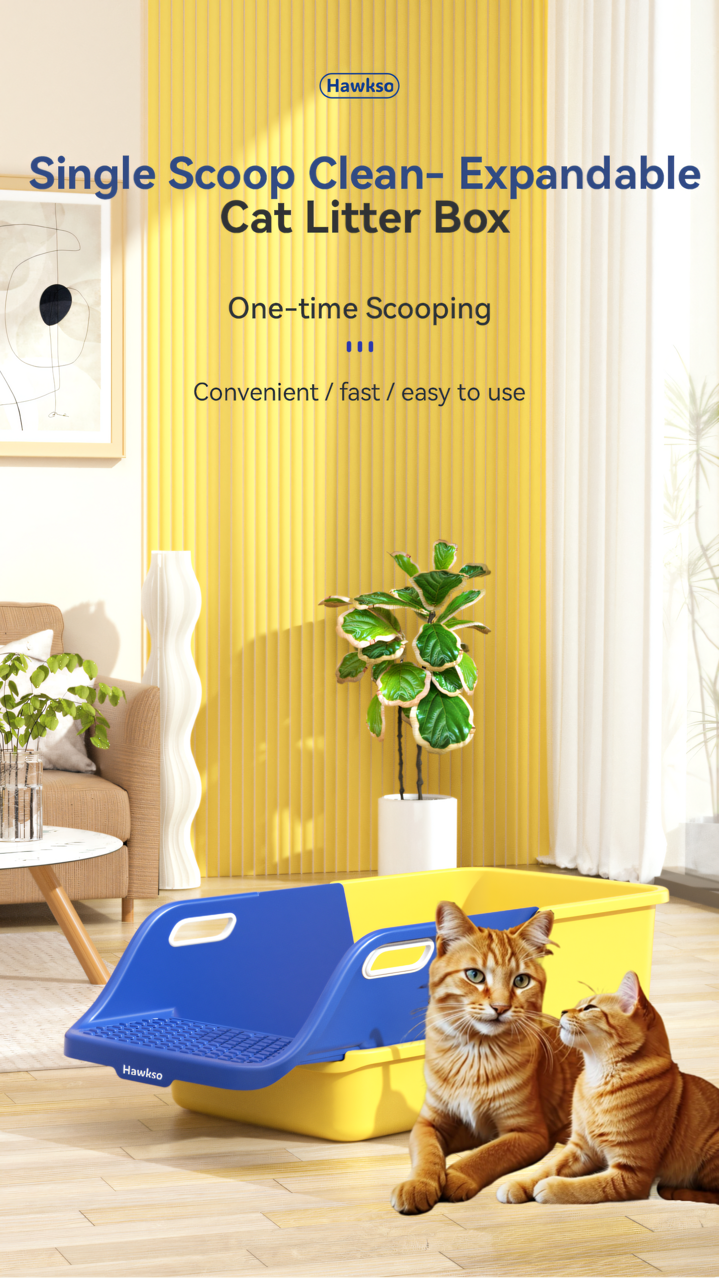 Hawkso single scoop clean, expandable cat litter box featuring convenient and fast one-time scooping system. Image shows two cats beside the spacious and easy-to-use litter box.